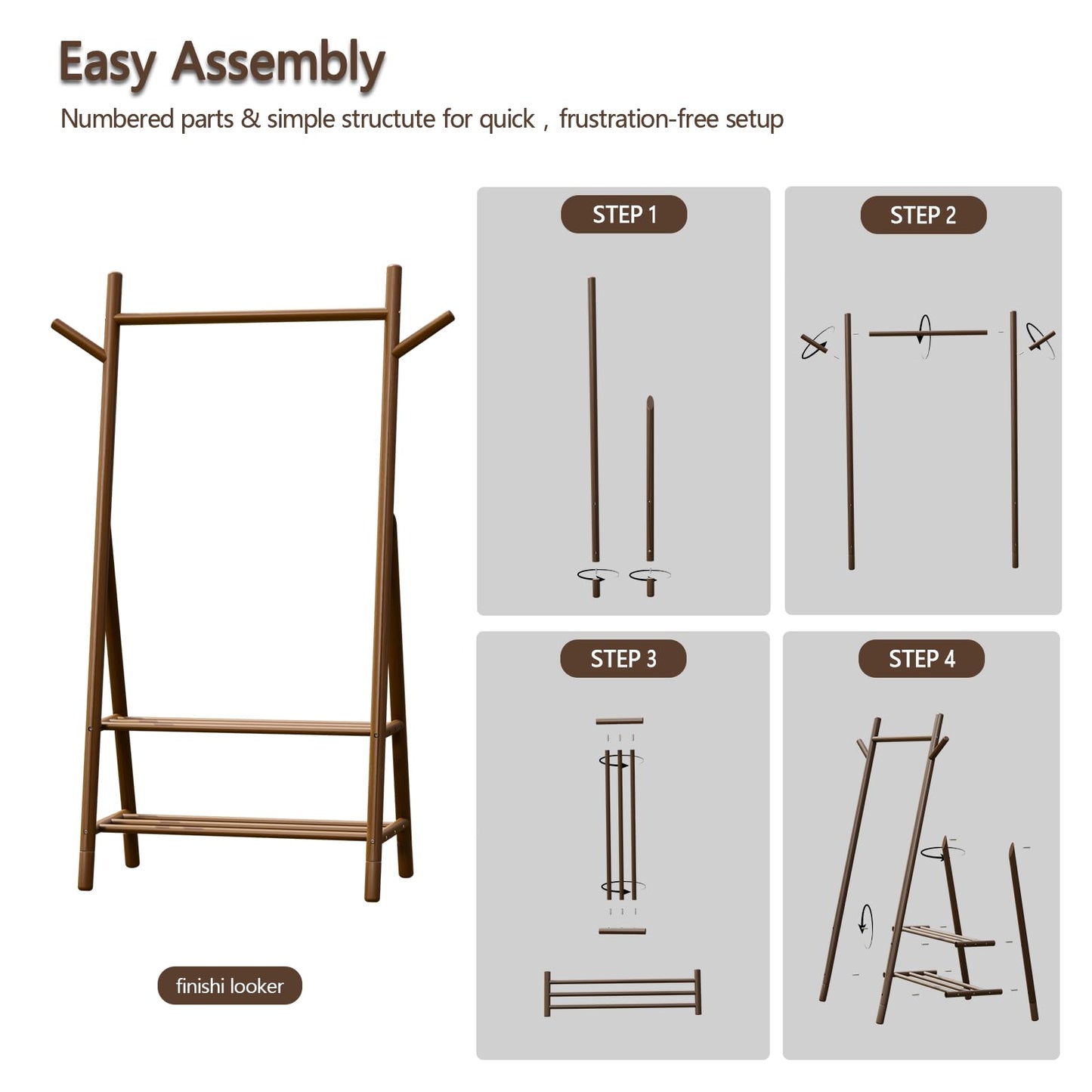 Solid Wood Clothes Rack with 2 Shelves & Hooks, Freestanding Garment Rack & Coat Rack Load 350 Lbs for Hanging Clothes & Organizer, Simple and Practical for Entryway Bedroom Living Room 39.5W