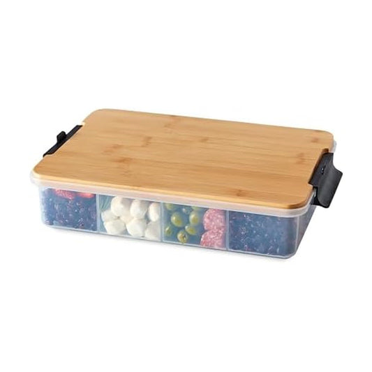Farberware Snacklebox 11x16 Inch Bamboo Cutting Board Lid with 11-Compartment PP Snack Box, Locking Handles for Travel - Charcuterie Board with Lid for Picnics, Road Trips, and Outdoor Entertaining
