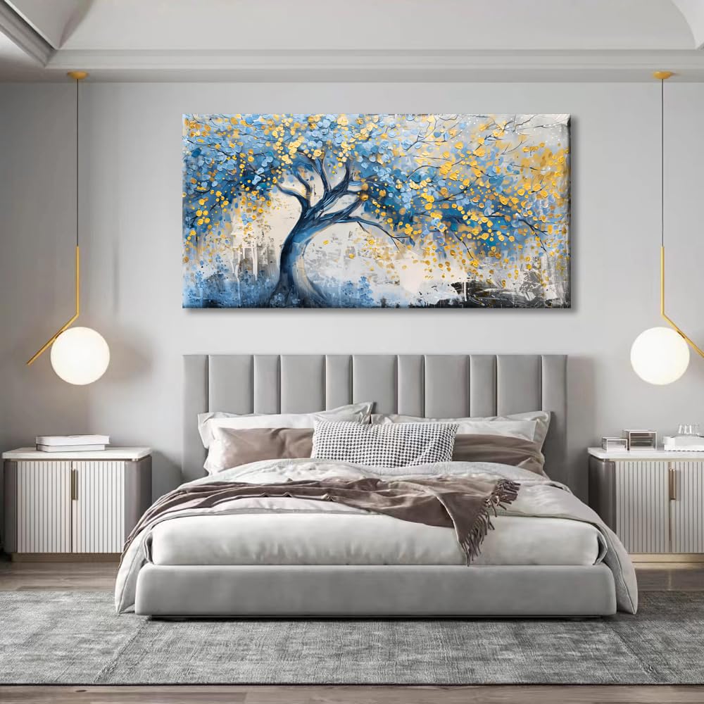 Wall Art Tree of blue Life Abstract Canvas Painting Textured Picture, Modern Landscape Artwork Framed for Living Room Bedroom Bathroom Office Home Decor 48x24in