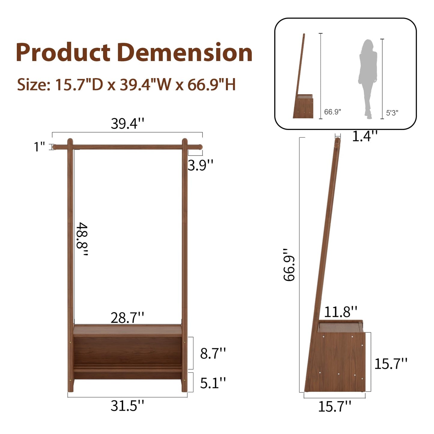 DONGMUWUJEE Solid Wood Clothing Rack with Shelves, Clothes Racks for Hanging Clothes, Hanging Rack with Shoe Storage, Heavy Duty Garment Rack for Bedroom, Entryway, Living Room, Walnut
