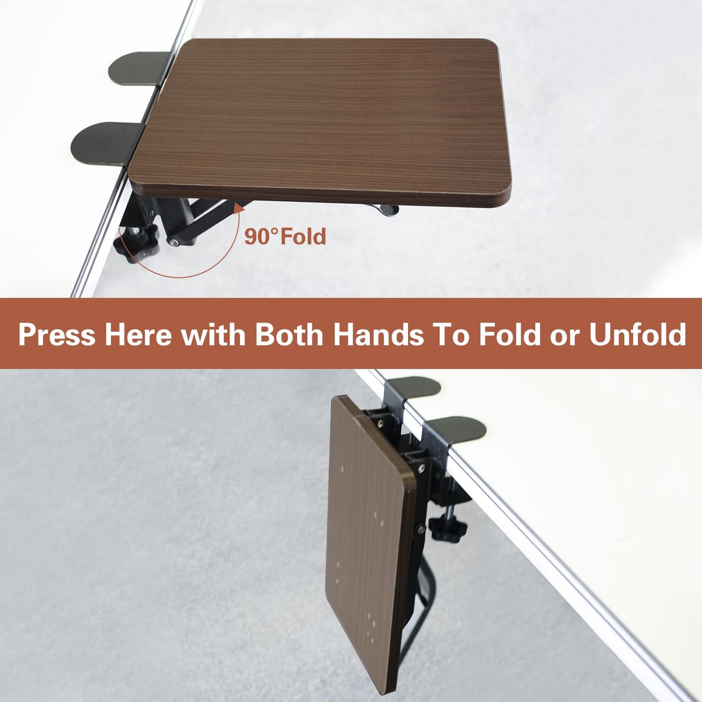 Ergonomic Desk Extender Tray, 9.8" x 6.9" Computer Elbow Arm Rest for Desk, 90° Foldable Table Mount Mouse Support, Clamp On Keyboard Tray for Office and Home Use, Walnut