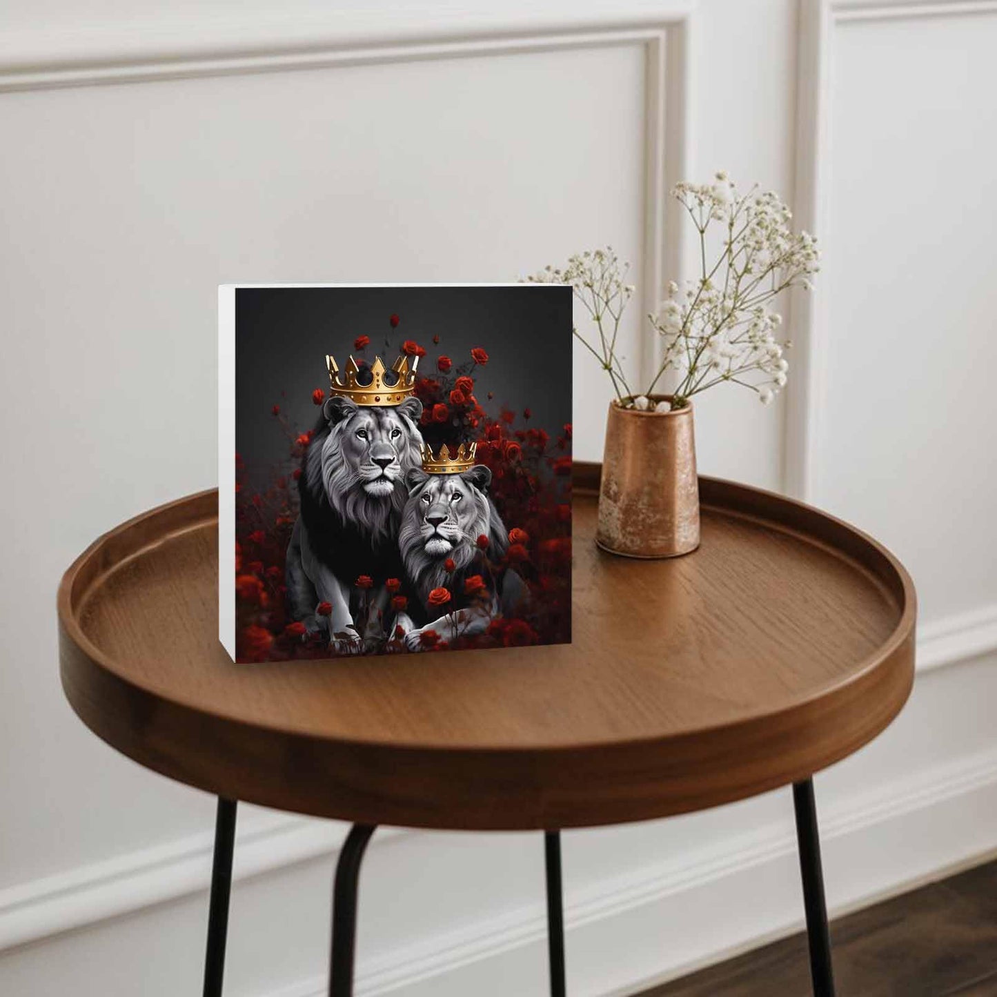 Wood Box Sign Desk Decor Lions King Red Rose Flower Square Boxes Sign, Crowns Black Animal Art Wooden Block Box Sign Decoration for Home Wall Tabletop Shelf Office Decor,6x6IN