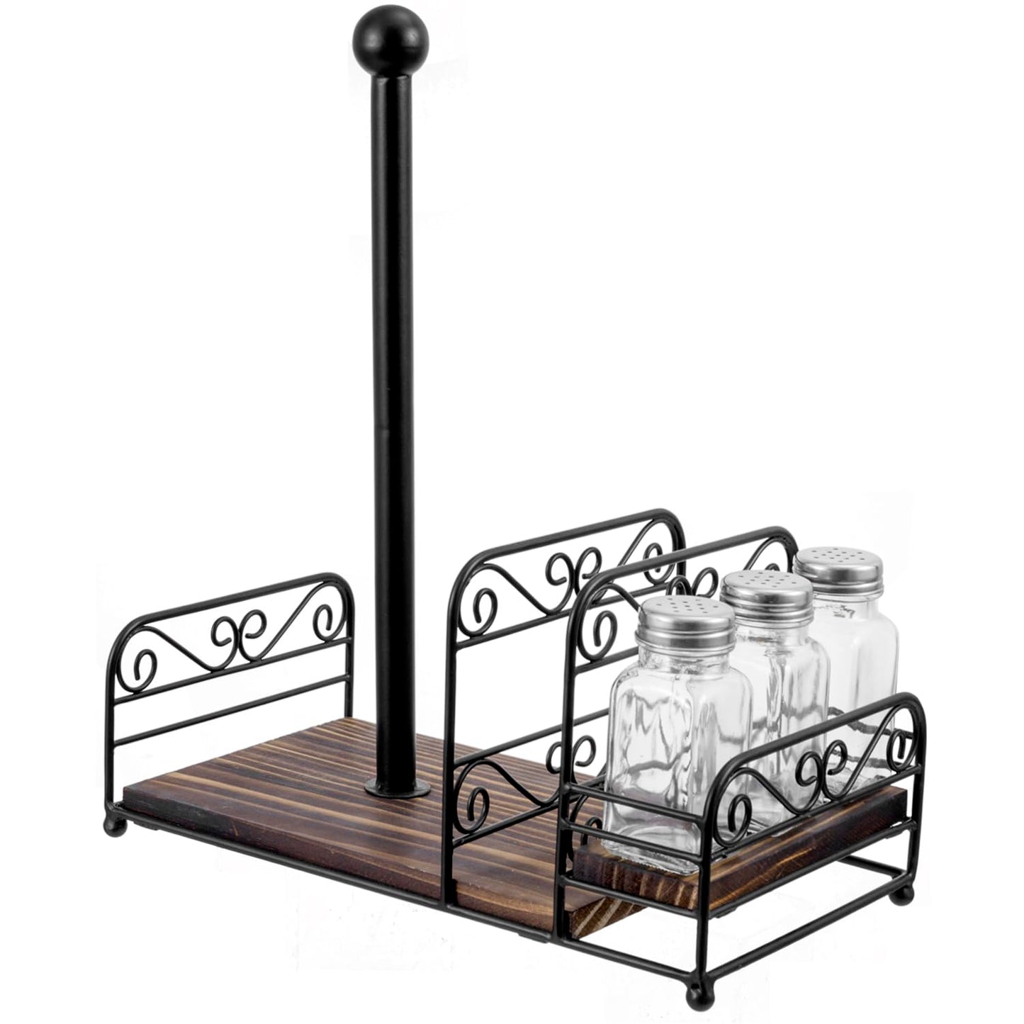 MyGift Matte Black Metal Wire Scrollwork Paper Towel Roll Holder Combo Caddy with Rustic Burnt Solid Wood Base, Napkin Holder, and Spice Rack