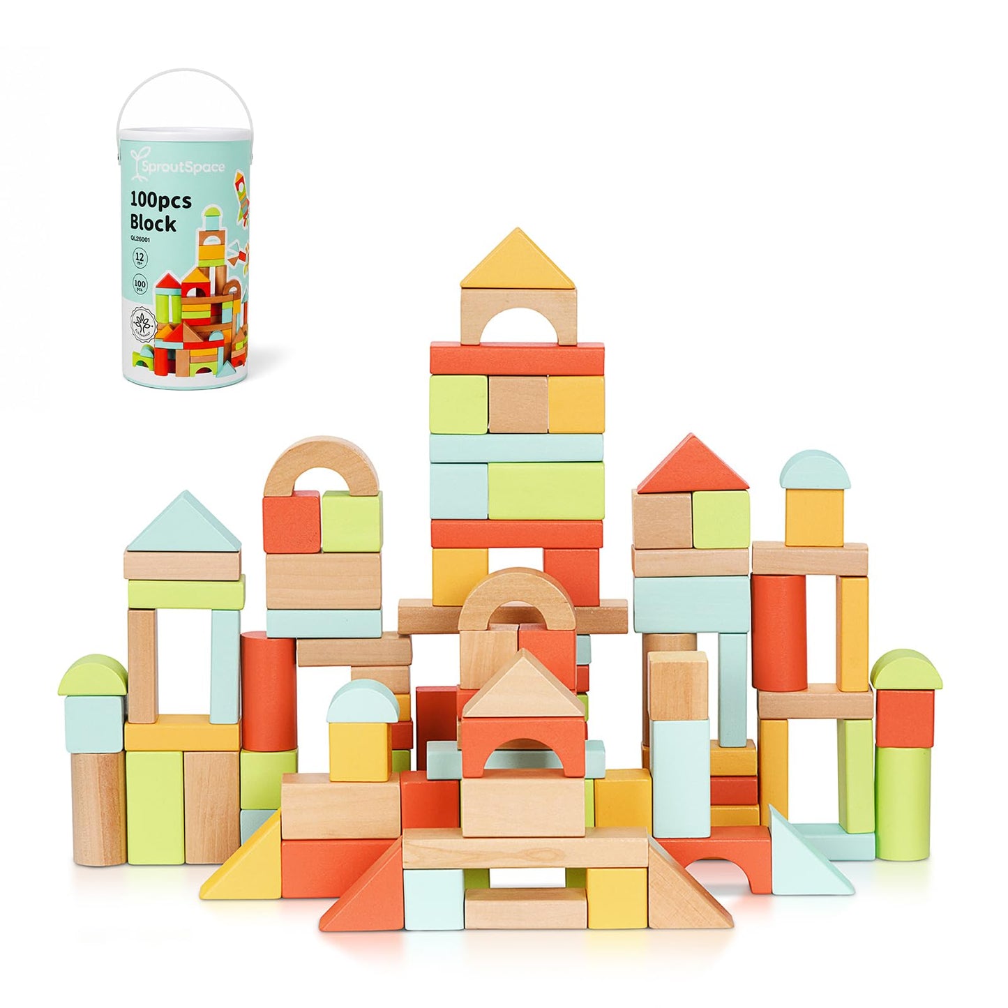 SproutSpace 100pcs Building Blocks for Toddlers 1-3, Wooden Blocks for Kids with Storage Bucket and Shape Sorter, Stacking Toys or 1 2 3 Year Old, Learning Toys for Preschool Girls and Boys