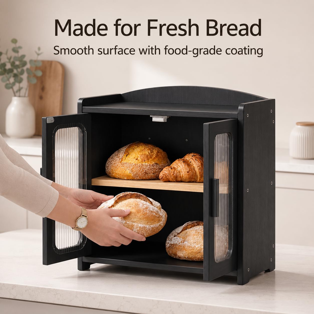 Florwish Bread Box for Kitchen Countertop, Large Capacity Bamboo Bread Box, Farmhouse Bread Storage, 2 Tier Corner Bread Box for Homemade Bread, Sourdough Bread and Bagels, Black