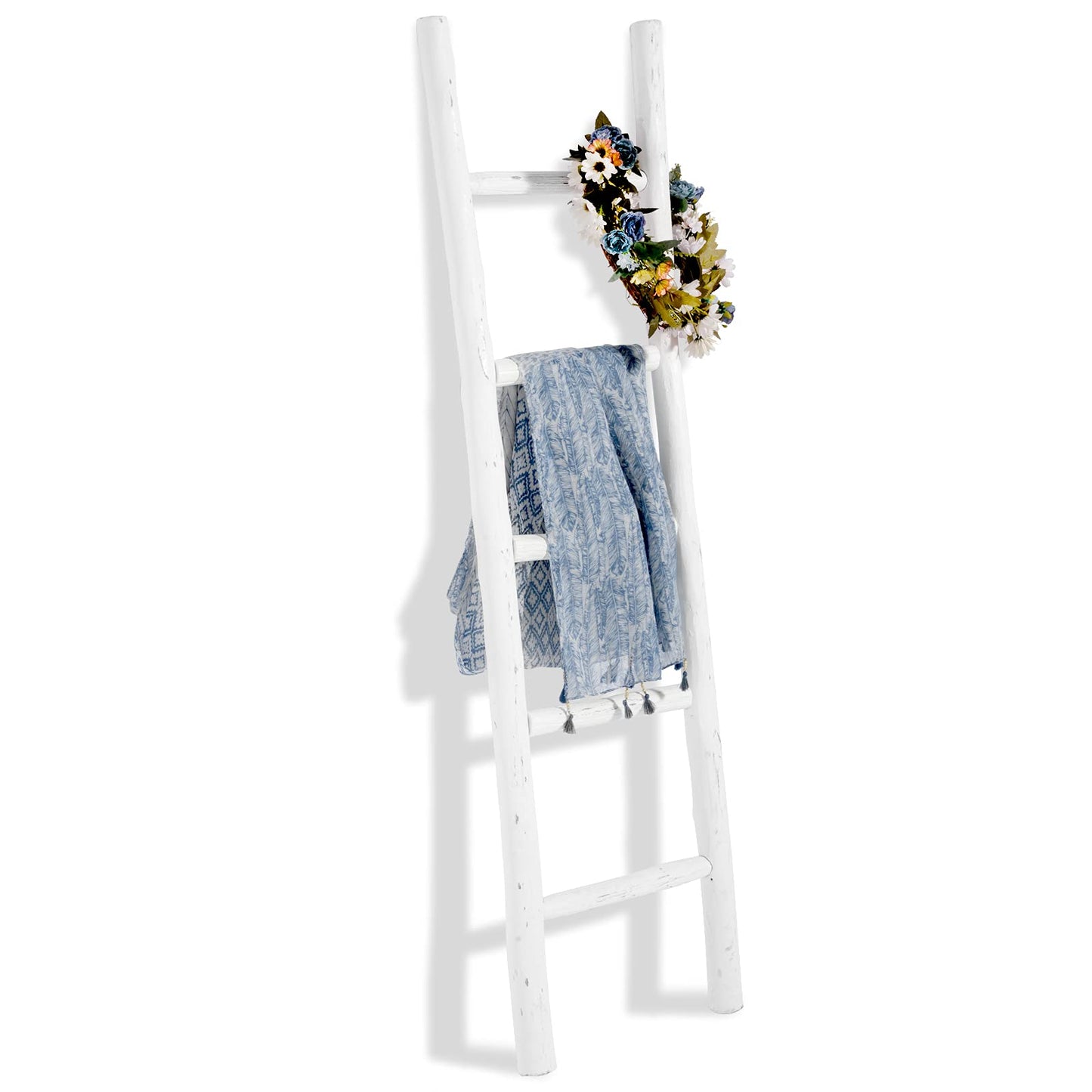 FUIN Fully Assembled 57in Wood Blanket Ladder Living Room Decorative Wall Leaning Farmhouse Quilt Display Holder Rustic Wooden Towel Rack for Bathroom, White