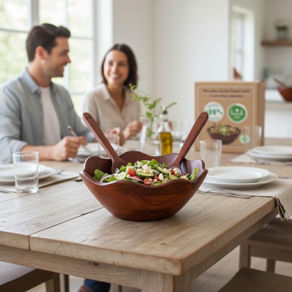 Melvvi Large Wooden Salad Bowl Set – 12" Wood Serving Bowl with 2 Utensils | Mango wood Scratch-Resistant - For Salad, Pasta & Fruits (Walnut Brown)