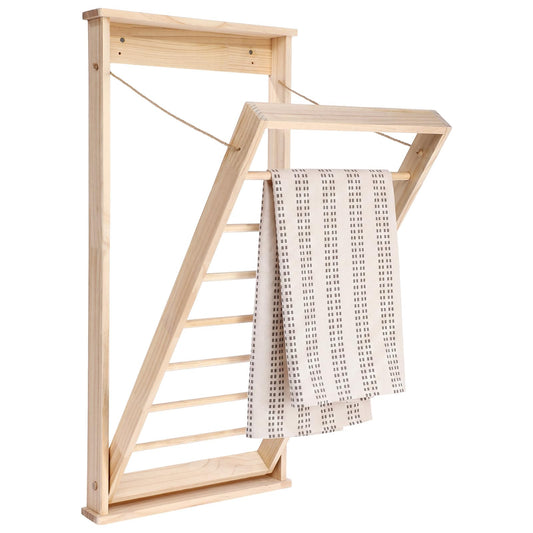 Novabright 1 Pcs Wall Mounted Drying Rack with Wooden Rod, Foldable Space-Saving Hanging Clothes Drying Rack for Laundry Room Storage Bathroom (40 x 19 x 3 Inch,Wood)
