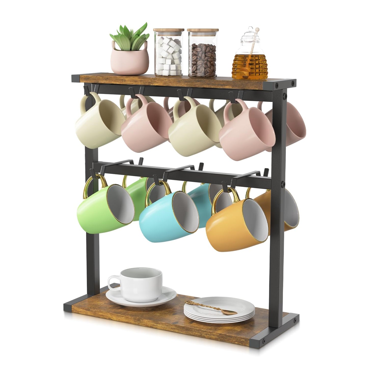 EsLuker.ly Coffee Mug Holder Cup Tree Rack for Countertop, 2 Tier Rustic Wood Coffee Bar Station Organizer Narrow Display Stand for Kitchen Office, Hold 14 Mugs with Sturdy Base, Free Up Counter Space