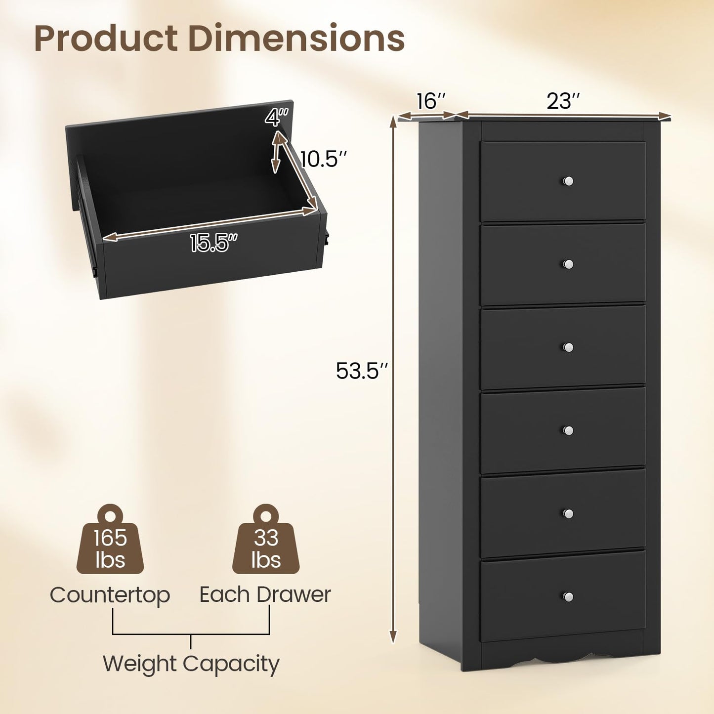 Giantex 6-Drawer Dresser for Bedroom, Wooden Chest of Drawers w/Metal Handles & Large Capacity, 16" D x 23.5" W x 53.5" H Clothes Organizer, Modern Tall Dresser for Bedroom, Entryway, Living Room