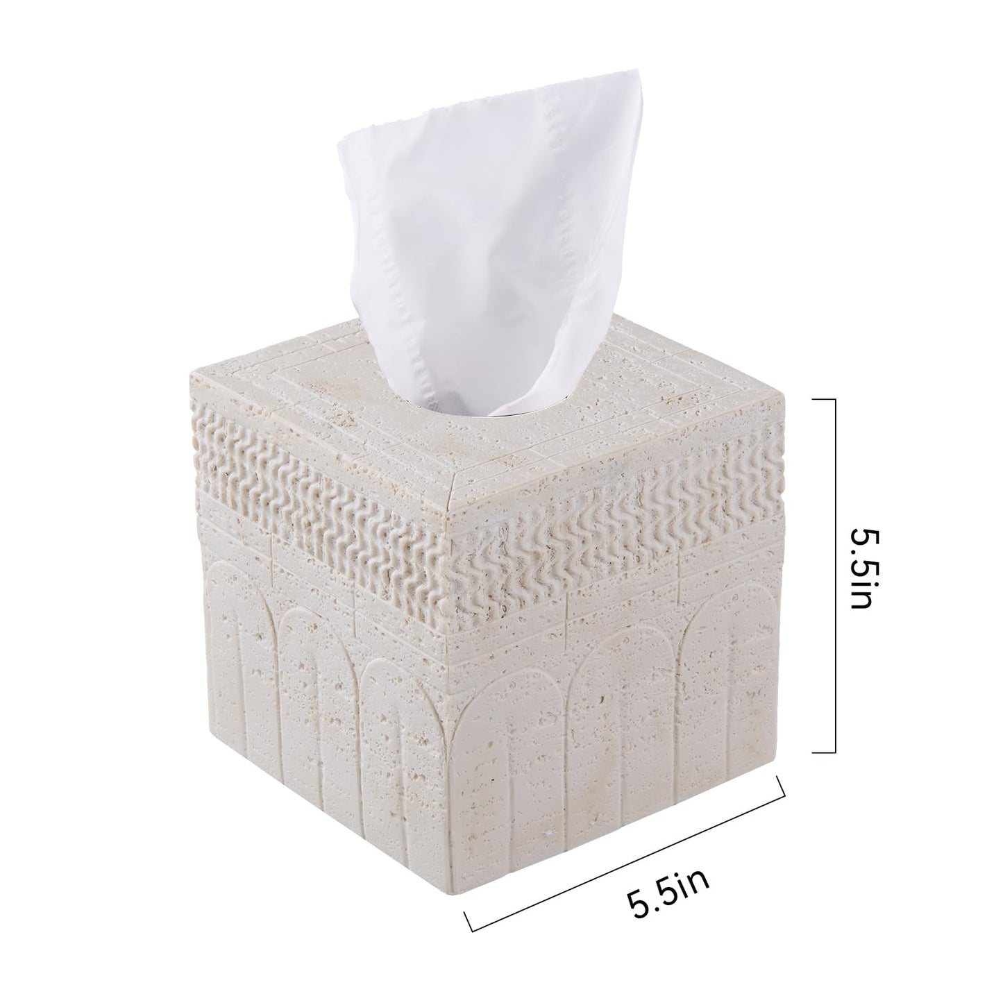 Travertine Tissue Box Cover – Classic Carved Square Resin Tissue Box Holder – Heavy Duty Decorative Home & Bathroom Decor for Countertop, Tabletop, Night Stand, Office – Beige