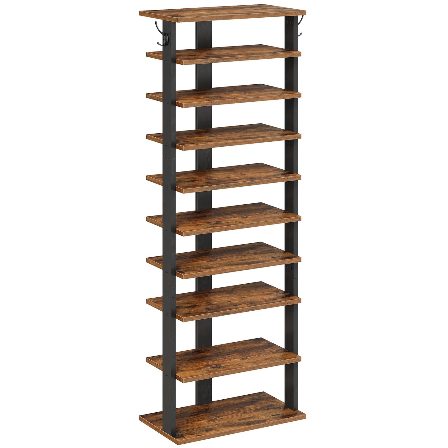 HOOBRO 10 Tiers Vertical Shoe Rack, Wooden Shoe Storage Organizer with Hooks, Narrow Shoe Tower for 20 Pairs, Space Saving, for Entryway, Living Room, Bedroom, Rustic Brown FG140XJ01