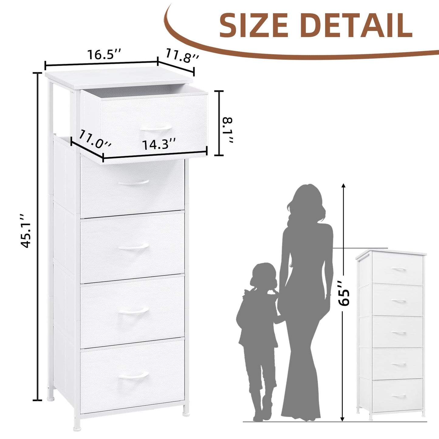 Somdot Tall Dresser for Bedroom with 5 Drawers, Storage Organizer Chest of Drawers with Removable Fabric Bins for Closet Bedside Living Room Laundry Entryway Hallway, White Leather
