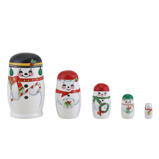 Mr. Christmas Set of 5 Nesting Wooden Snowman Figurines, Hand Painted Vintage Style Christmas Decoration, Collectible Holiday Figurine Set