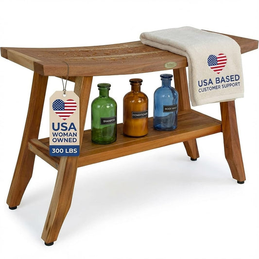 EcoDecors 34 Inch Satori Natural Teak Waterproof Teak Wood Shower Bench Stool Seat Chair For Inside Shower Provides Safety, Storage, and Organization For Bathroom Accessories