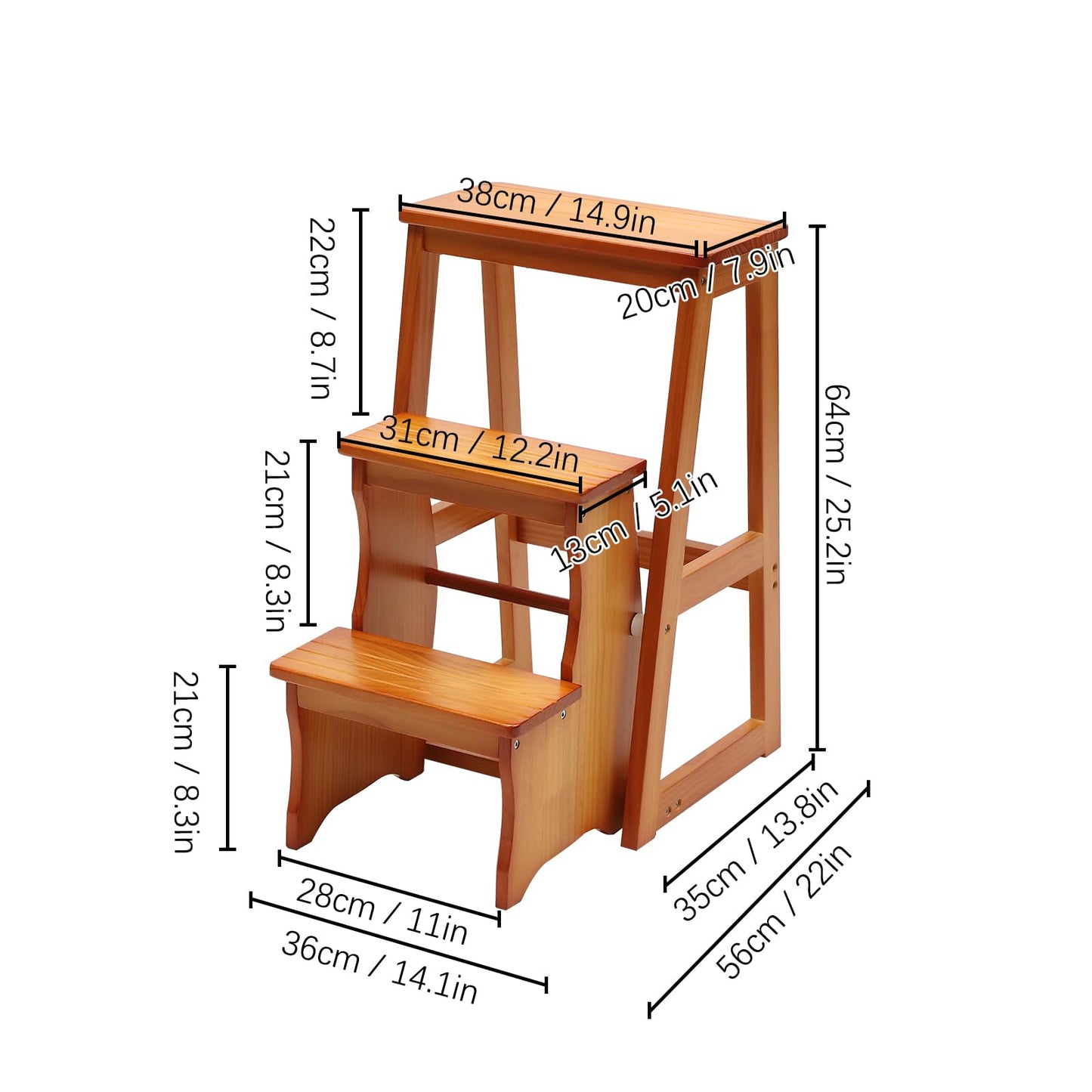Folding Library Ladder Chair, 3-Step Stool Stepladders Lightweight Portable Multi-Functional Wood Step Ladder for Home,Kitchens, Garages (Honey)
