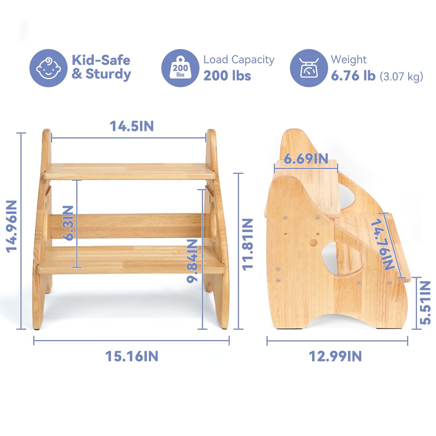 Toddler Step Stool, Adjustable Height 2 Step Stool for Kids with Handles & Non-Slip Pads, Rubberwood Kids Step Stool for Bathroom Sink, Kitchen & Bedroom, Supports Up to 200 lbs, for Adults & Kids