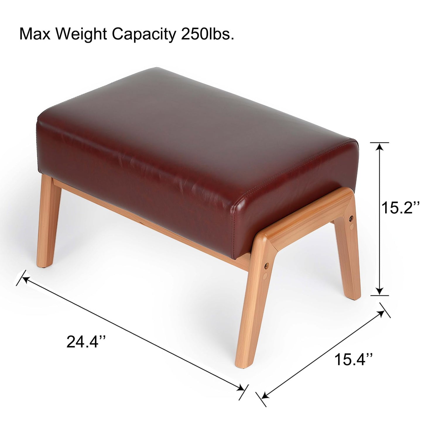 ACONUP Foot Stool, Leatherette Wooden Step Stool, Modern Rectangle Ottoman Wide Vanity Stool with Cushion for Couch Living Room Bedroom Entryway, Brown