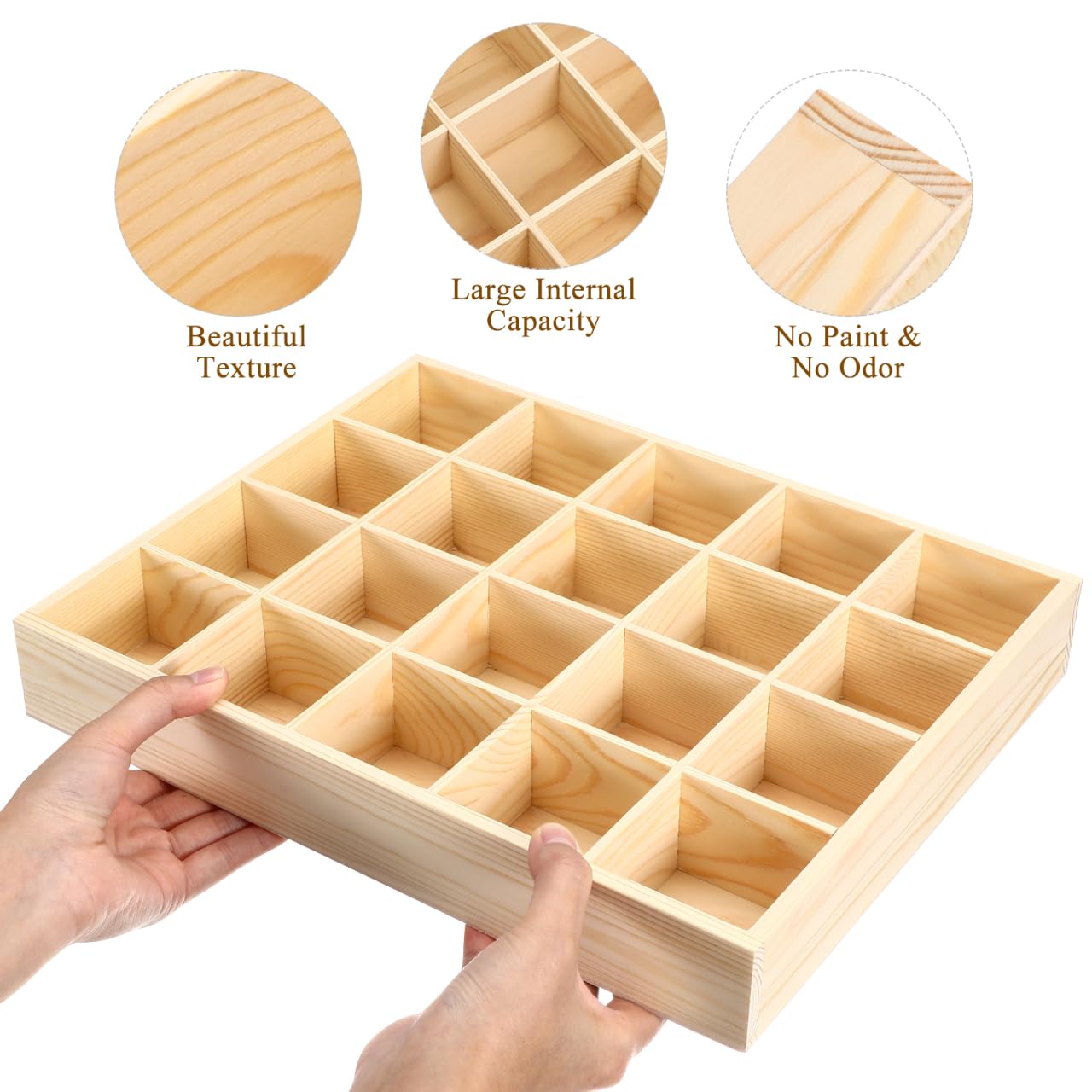 Cabilock 20-Compartment Wooden Drawer Organizer - 13x11 inch Solid Pine Wood Shallow Socks and Underwear Divider, Stackable Small Items Storage Tray for Dresser & Closet (2.37" Grid)