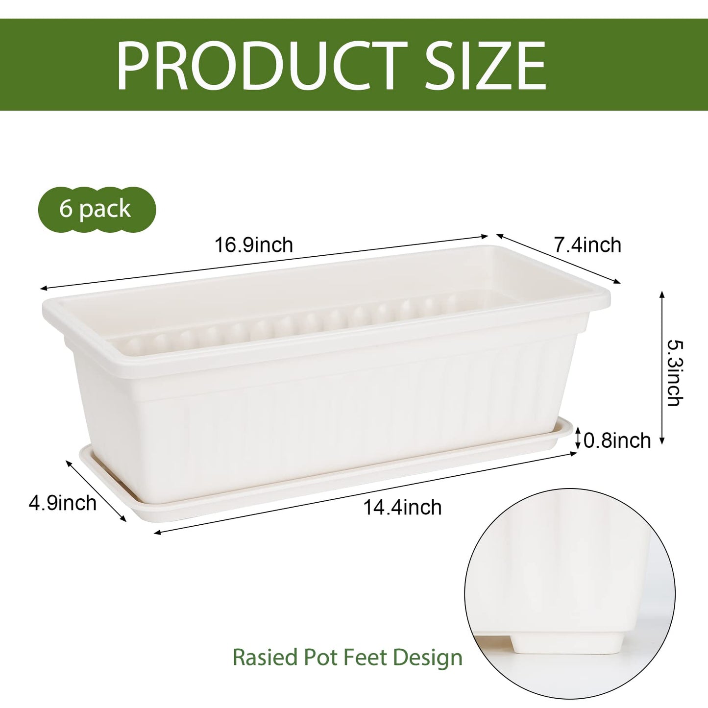 HOXHA 6 Pack Window Box Planter, 17 Inches Vegetable Flower Plastic Planter Boxes with Tray, Rectangular Planter Indoor and Outdoor Flower Pots for Windowsill, Patio, Porch, Garden Balcony, White