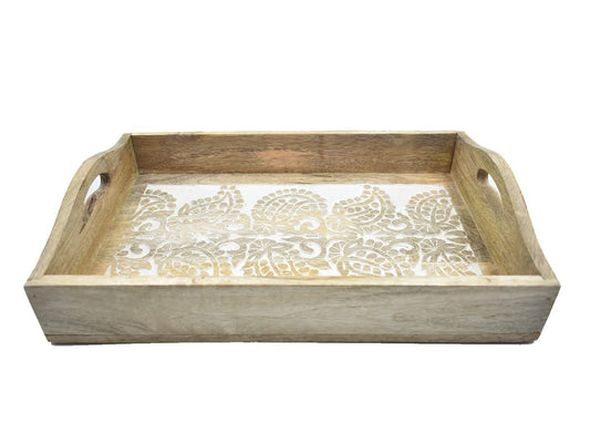 STORE INDYA Hand Crafted Vintage Wooden Rectangular Serving Tray with Handle for Breakfast, Tea, Coffee Table | Unique Gifts, Home Decor | 15 x 10 Inches