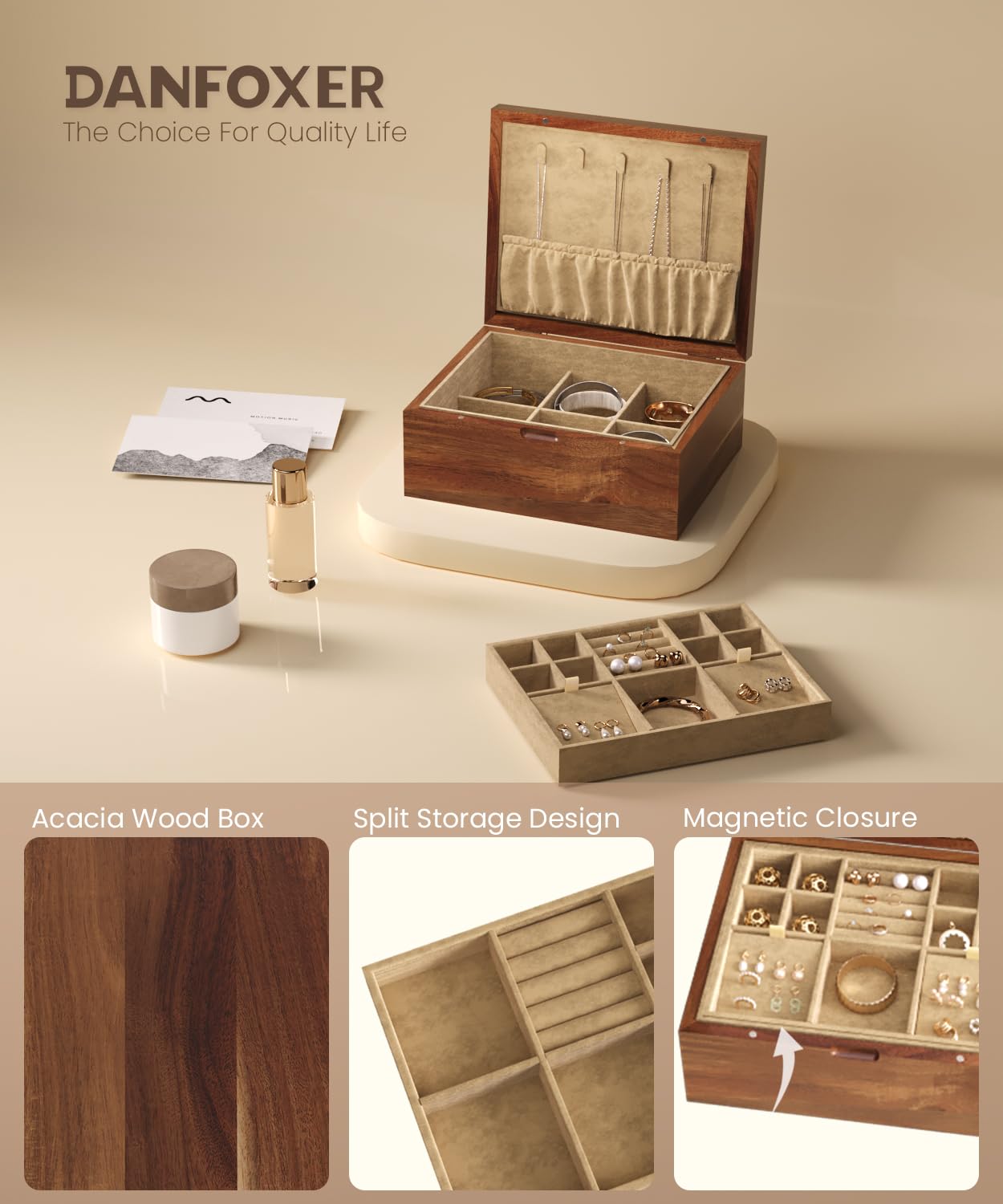 Danfoxer Acacia Wood Jewelry Box Organizers, Wooden Jewellery Organizer with Hinged Lids and Removable Jewelry Tray for Necklace Earring Rings and Bracelet