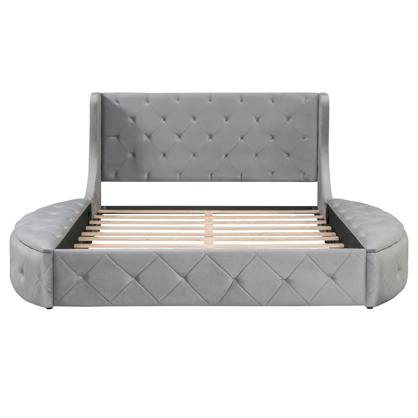 Merax Queen Size Velvet Upholstered Platform Bed with Wingback Headboard, 1 Big Drawer and 2 Side Storage Stool for Bedroom, Guest Room, Wooden Slats, No Box Spring
