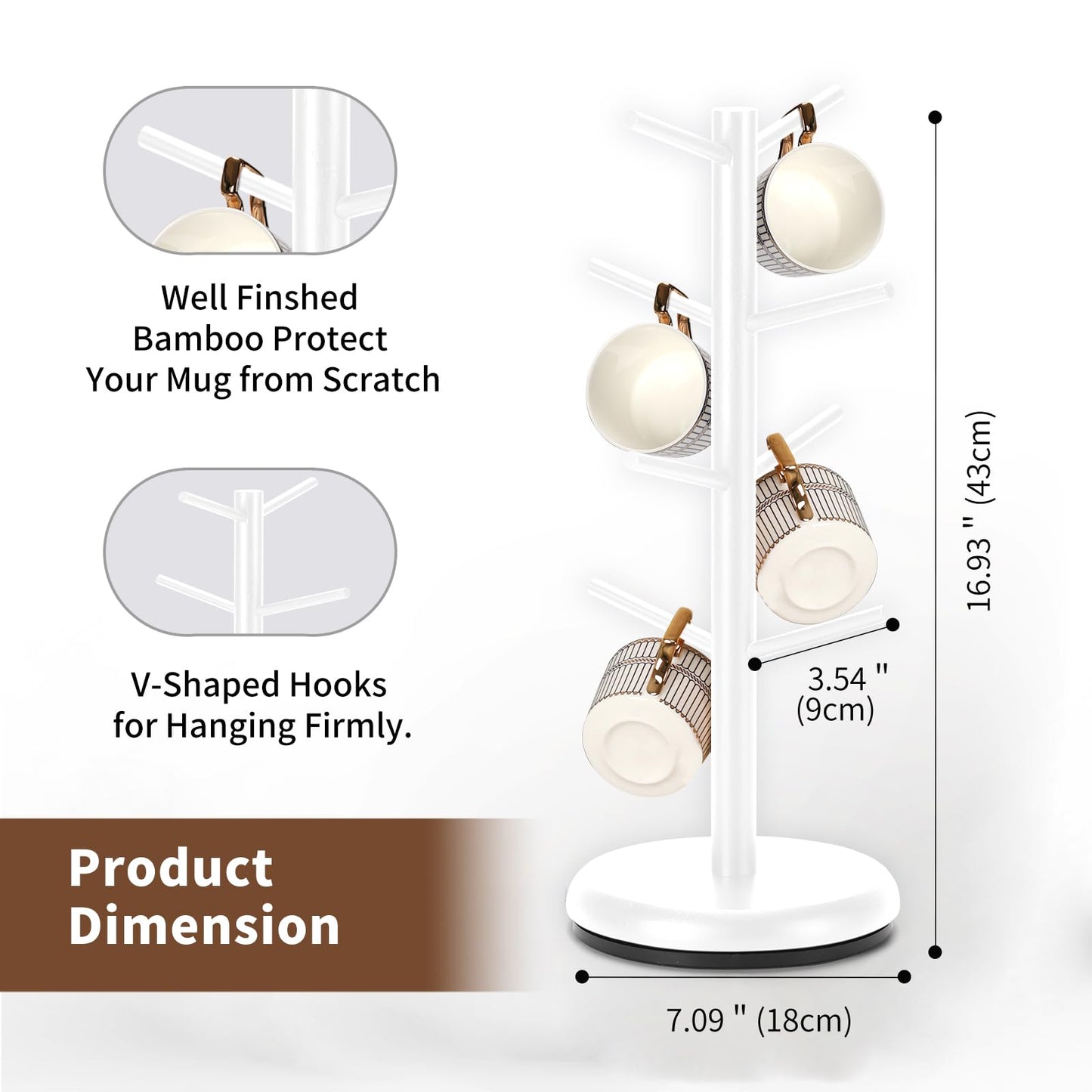 BAMBANG Mug Holder, 360° Rotating Mug Tree Holds 8 Coffee Cups, Space Saving Mug Stand with Stable Base for Kitchen Coffee Bar