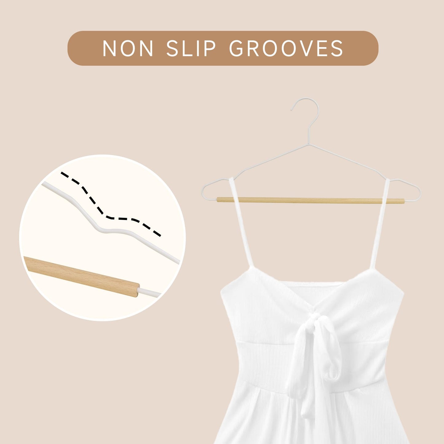 BP4U Wire Hangers with Wood Pants Bar, 24-Pack Metal Hangers with Smooth Beech Wooden Bar for Dresses, Pants, Sweaters, Jackets, and Heavy Clothes (White)