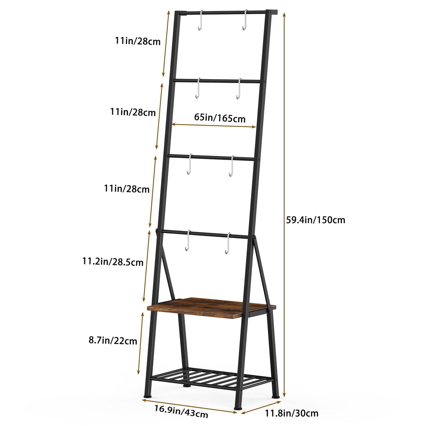 CADUKE Blanket Ladders for the Living Room, 6-Tier Rustic Blanket Rack Decorative Stand, Quilt Display Holder, Freestanding Towel Rack with Metal Frame, Wooden Shelf & 8 Hooks for Bedroom Bathroom