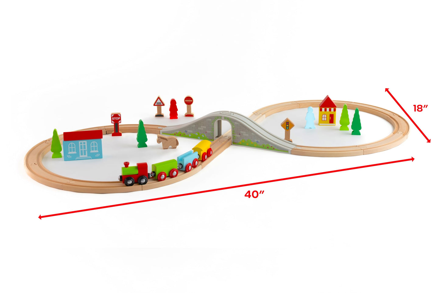 Jasey's Toy Chest 33-Piece Wooden Little Town Train Adventure Set | Interlocking Tracks, Bridge, & Town Accessories | Compatible with Other Wooden Train Sets | for Toddlers Ages 3+