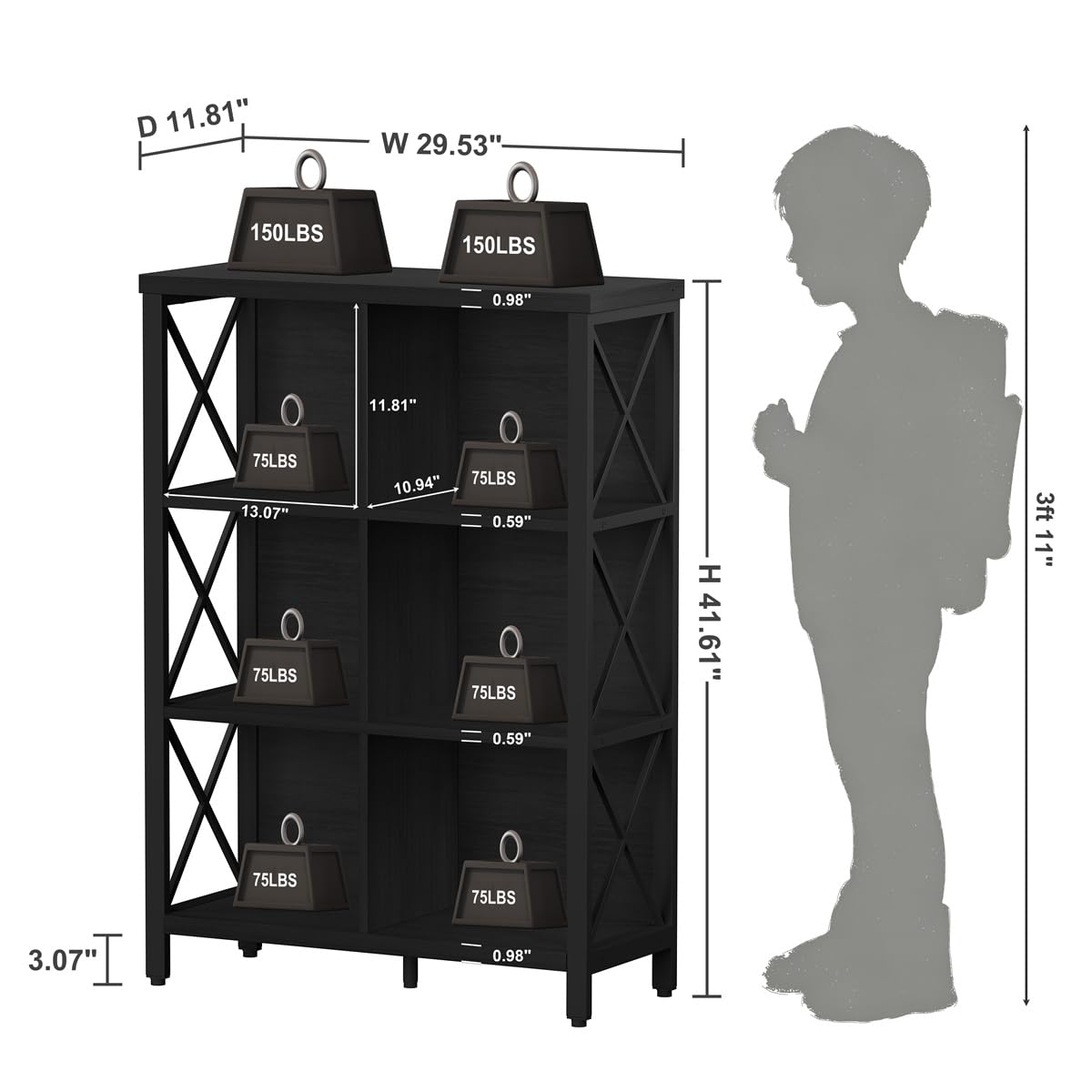FATORRI 6 Cube Storage Organizer with Storage, Modern 4-Tier Bookshelf with X-Shaped Metal Frame, Black Wood Bookcase for Living Room, Home Office, Bedroom, Easy Assembly