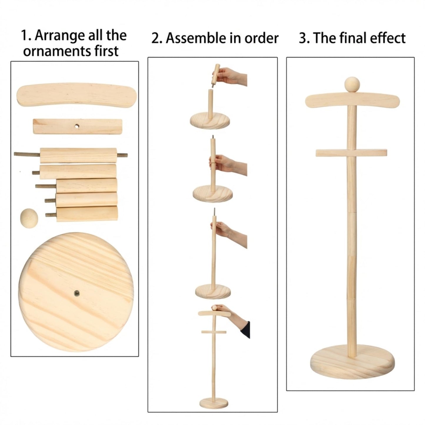 Bucherry 4 Pack Baby Clothes Display Stand Wooden Baby Shower Centerpiece Adjustable Height Circle Shaped Dress Hanger Doll Dress Outfit Stand Rack Hand Assembled Hangers Display Set (Wood Color)