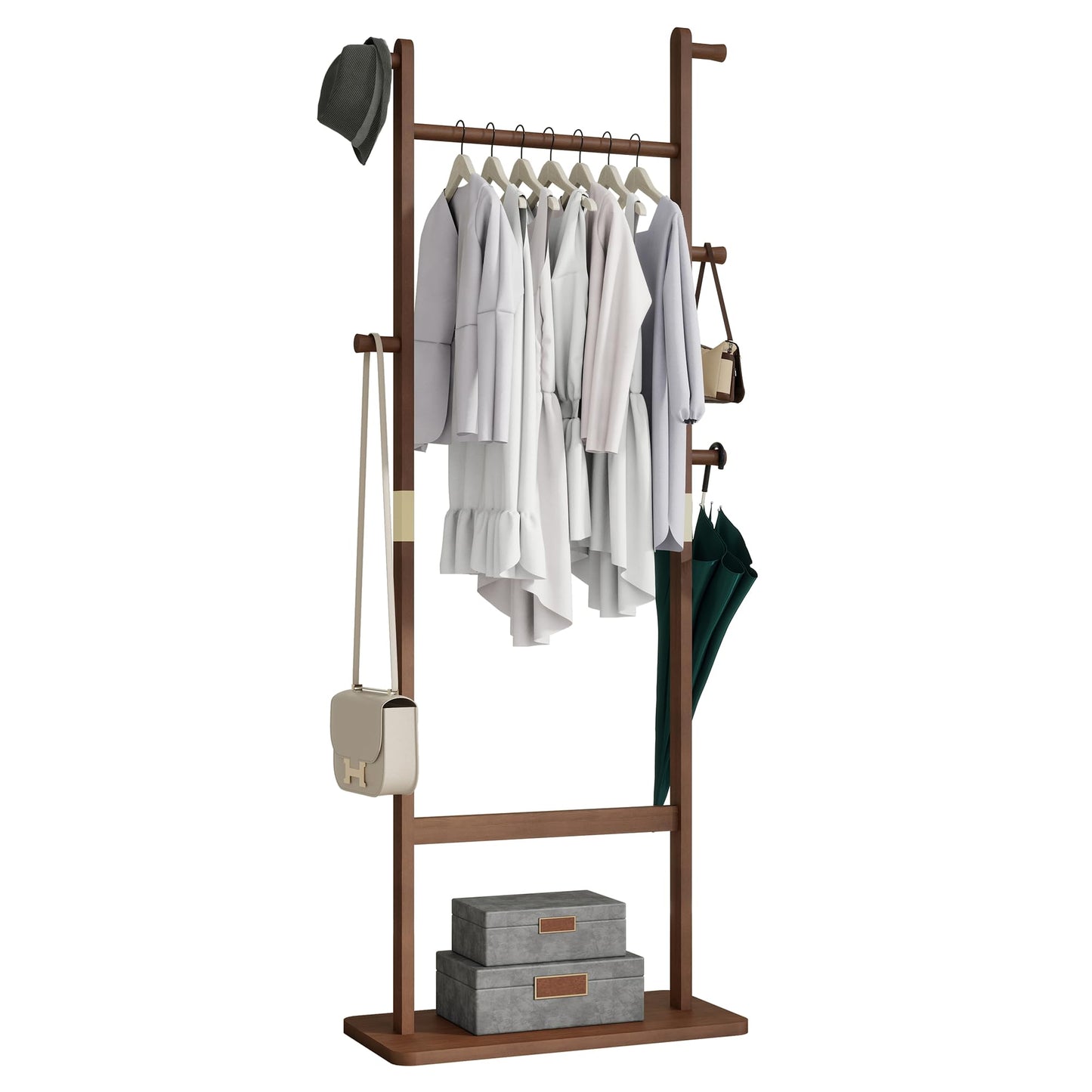 Fmlud Solid Wood Coat Rack, Freestanding Clothes Racks with Shelf, Entryway Coat Rack for Hanging Clothes, Wooden Clothing Rack for Corner, Living Room, Bedroom, Hotel