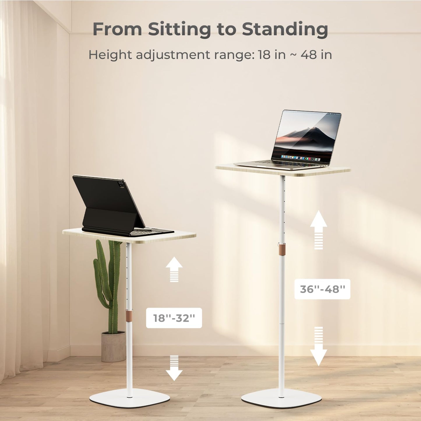 POLESTO Portable Laptop Floor Stand, Bedside/Sofa Table with Height Adjustable 18''~48'', Sleek Wooden Lectern Standing Desk Mobile Podium for Home, Office, School, White