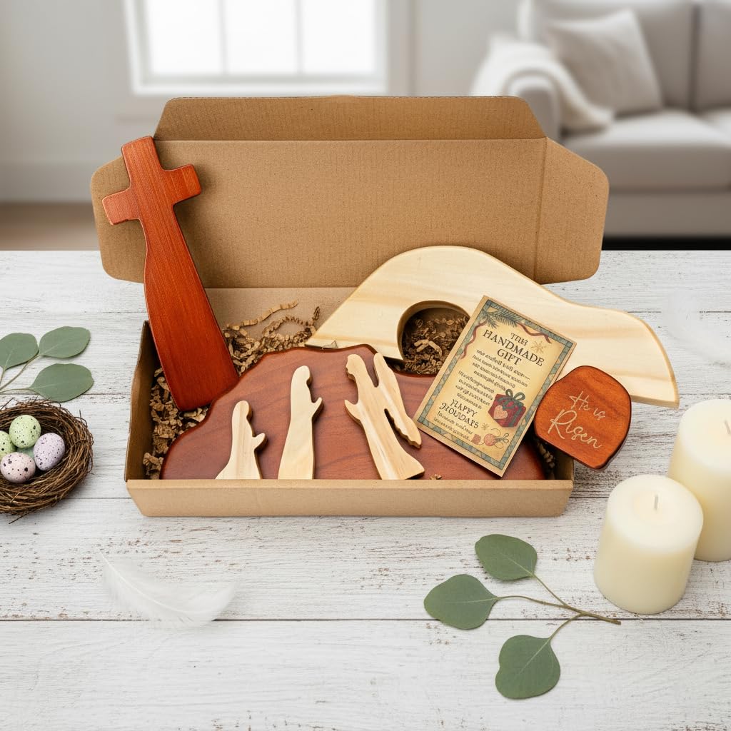 He is Risen Easter Decor – Wooden Resurrection Scene with Empty Tomb, Cross & Figurines, Christian Religious Tabletop Decoration for Home, Faith Easter Gift, Easter Basket Stuffer