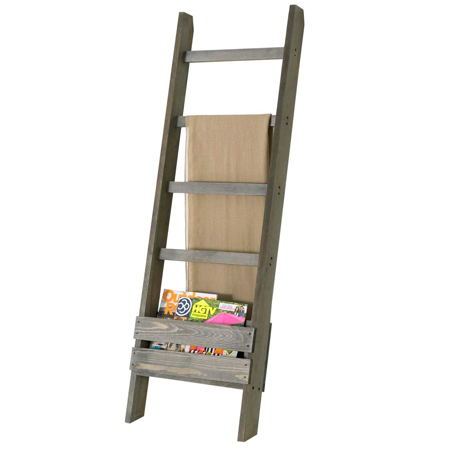 MyGift Blanket Ladder with Storage Shelf, Wooden Blanket Holder Rack, Decorative Ladder Shelf, Drying and Display Rack for Bathroom, Living Room, Gray