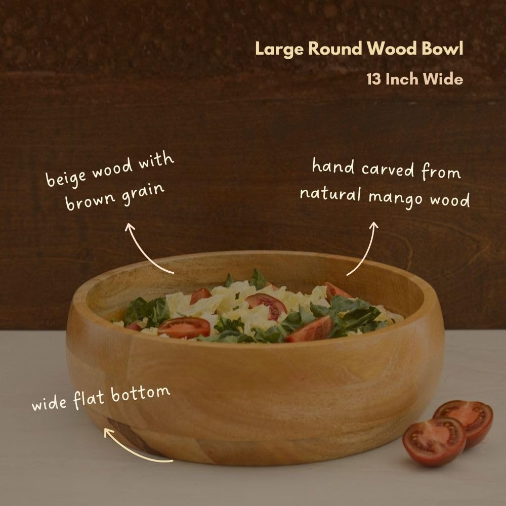 Round Wood Salad Bowl Set, Mango Wood, Small 11 Inch and Large 13 Inch, Natural Finish, Serving Bowls for Fruits and Salads (Set of 2)