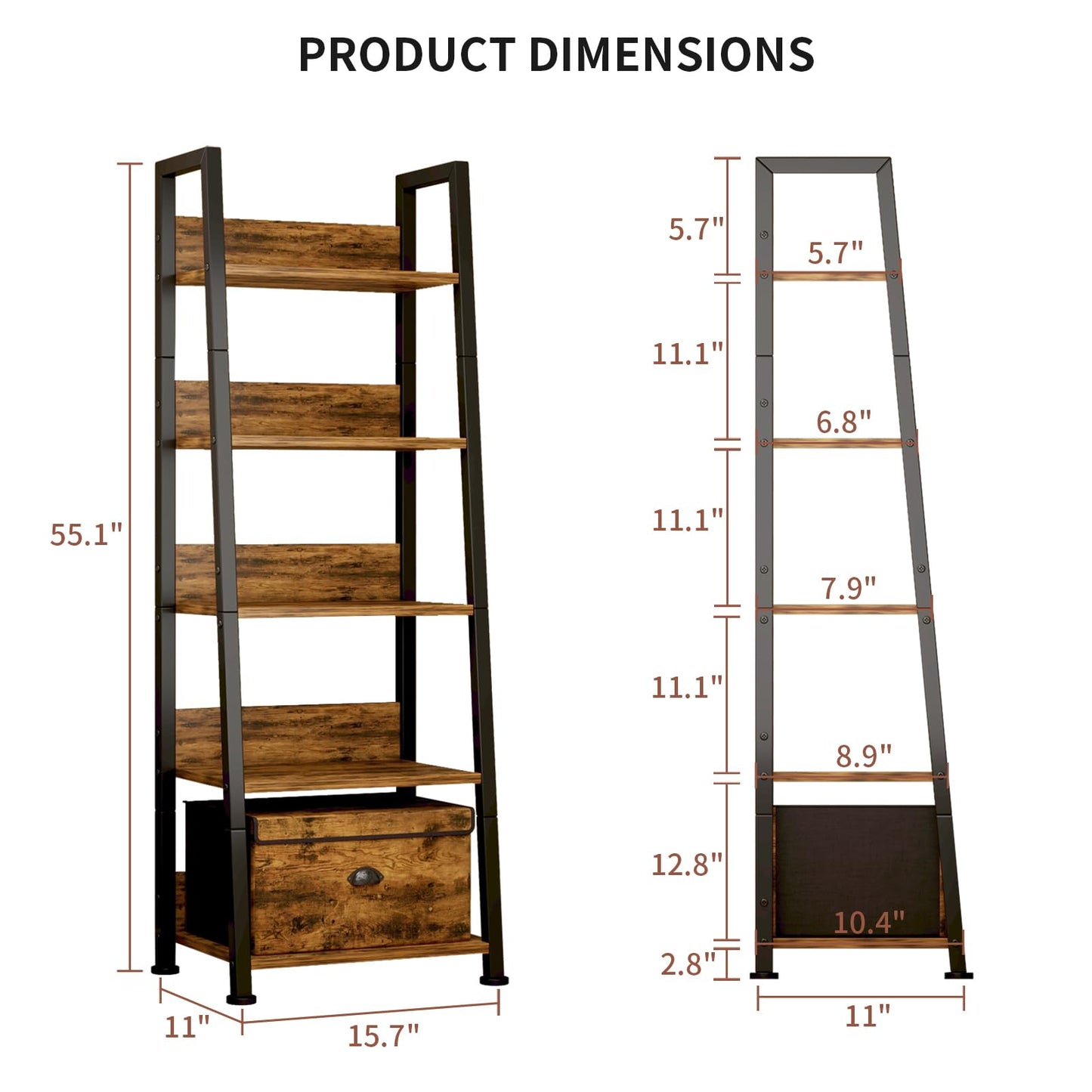 Aivernses Bookshelf, 55 Inch 5-Tier Ladder Shelf Bookcase with Free Storage Box, Rustic Brown Wooden Storage Shelf for Living Room, Bedroom, Kitchen, Narrow Space-Saving Design