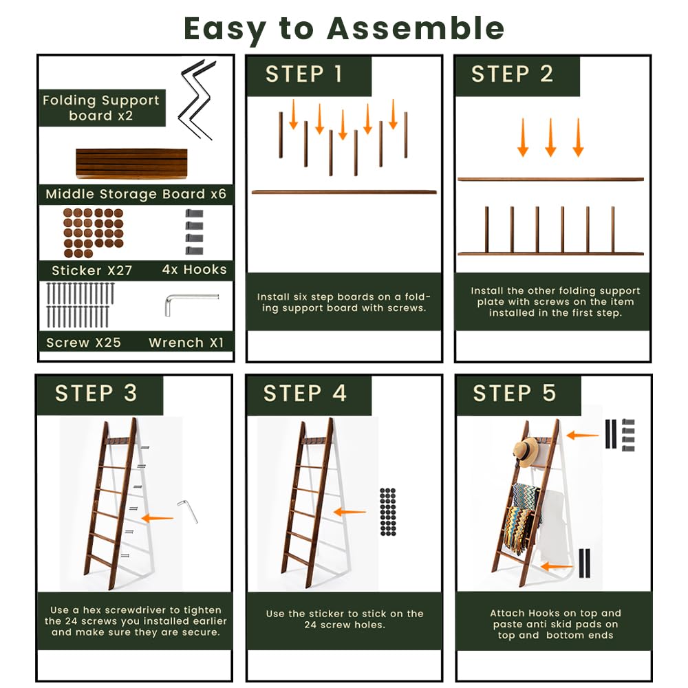 Wooden Blanket Ladder for Living Room 6-Tier, Decorative Ladder Blanket Rack & Quilt Ladder Decor, Rustic Farmhouse Wood Ladder with Removable Hooks, Anti-Slip Sturdy Blanket Holder, 68 Inch, Brown