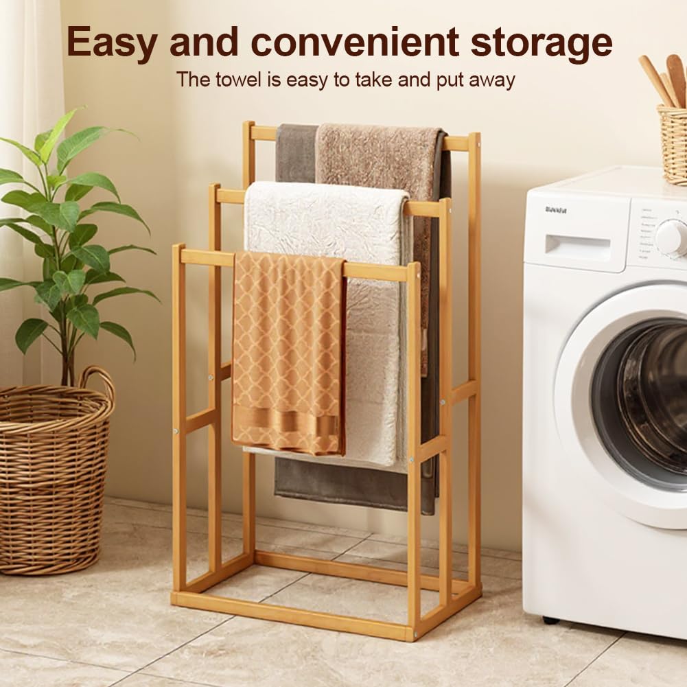 ETOYA Freestanding Wooden Towel Rack with 3 Crossbars, 3-Tier Decorative Blanket Ladder Display Stand, Drying Storage Organizer, Towel Holder for Bathroom, Living Room, Bedroom, Pool & Laundry Area