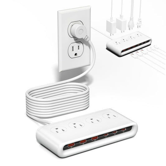 POANES 10 in 1 Flat Plug Power Strip with USB C, PD20W Fast Charging Station with 4 Outlets and 6 USB Port（3 Type C+3 USB A, 5ft Extension Cord, Non Surge Protector for Travel (White)