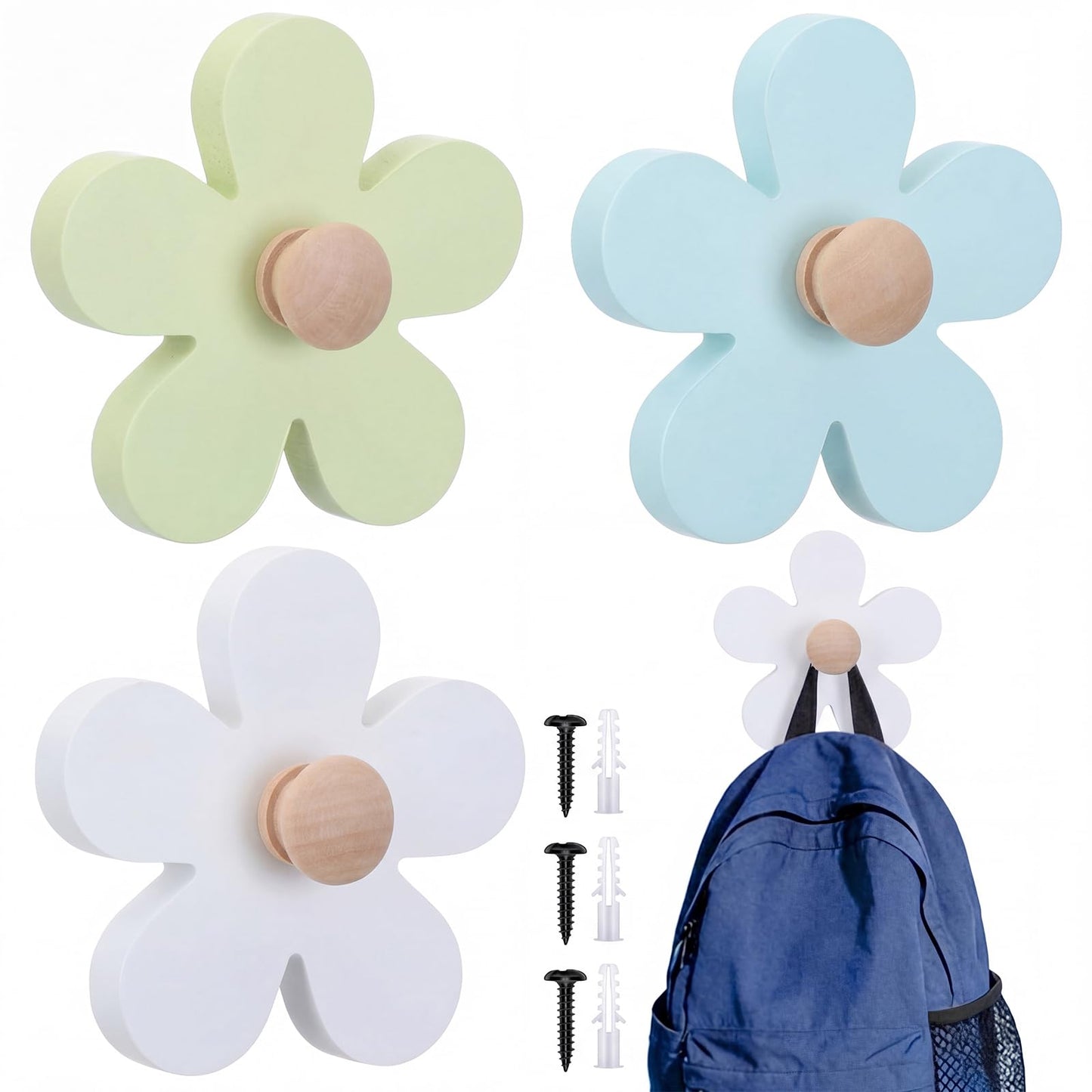 AceOrbit Pcs Daisy Wall Hooks Wood Flower Towel Hooks Cute Flower Decorative Wall Mount Hangers for Bathroom Kitchen Bedroom Home Entryway Decor(3,White, Green, Blue)