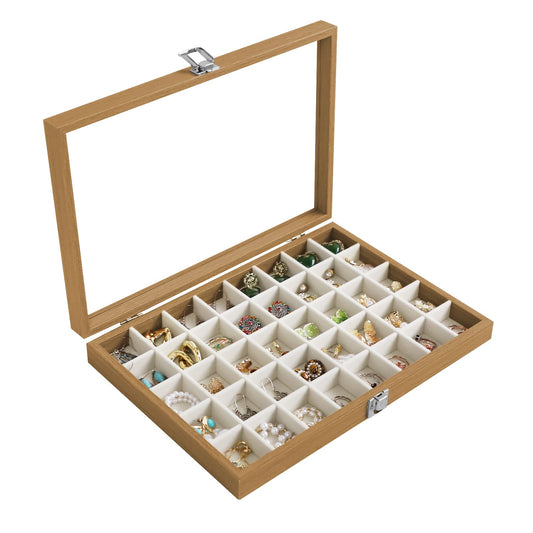 Stratalife 40 Grid Wood Jewelry Organizer with Clear Lid: Vintage Jewelry Tray for Earrings, Rings, Necklaces, Bracelets Jewelry Storage with Removable Velvet Dividers for Dresser & Vanity, Beige