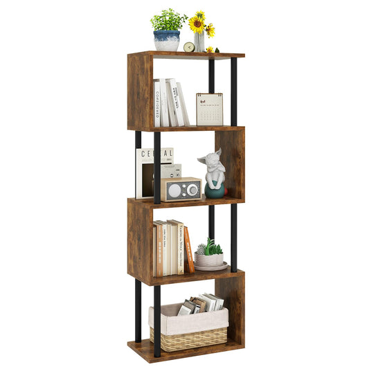 IBUYKE 5-Tier Tall Bookshelf,S-Shaped Geometric Bookcase, Wood Display Shelves with Storage,Industrial Bookshelf for Living Room Bedroom, Home Office, Rustic Brown WBC015H