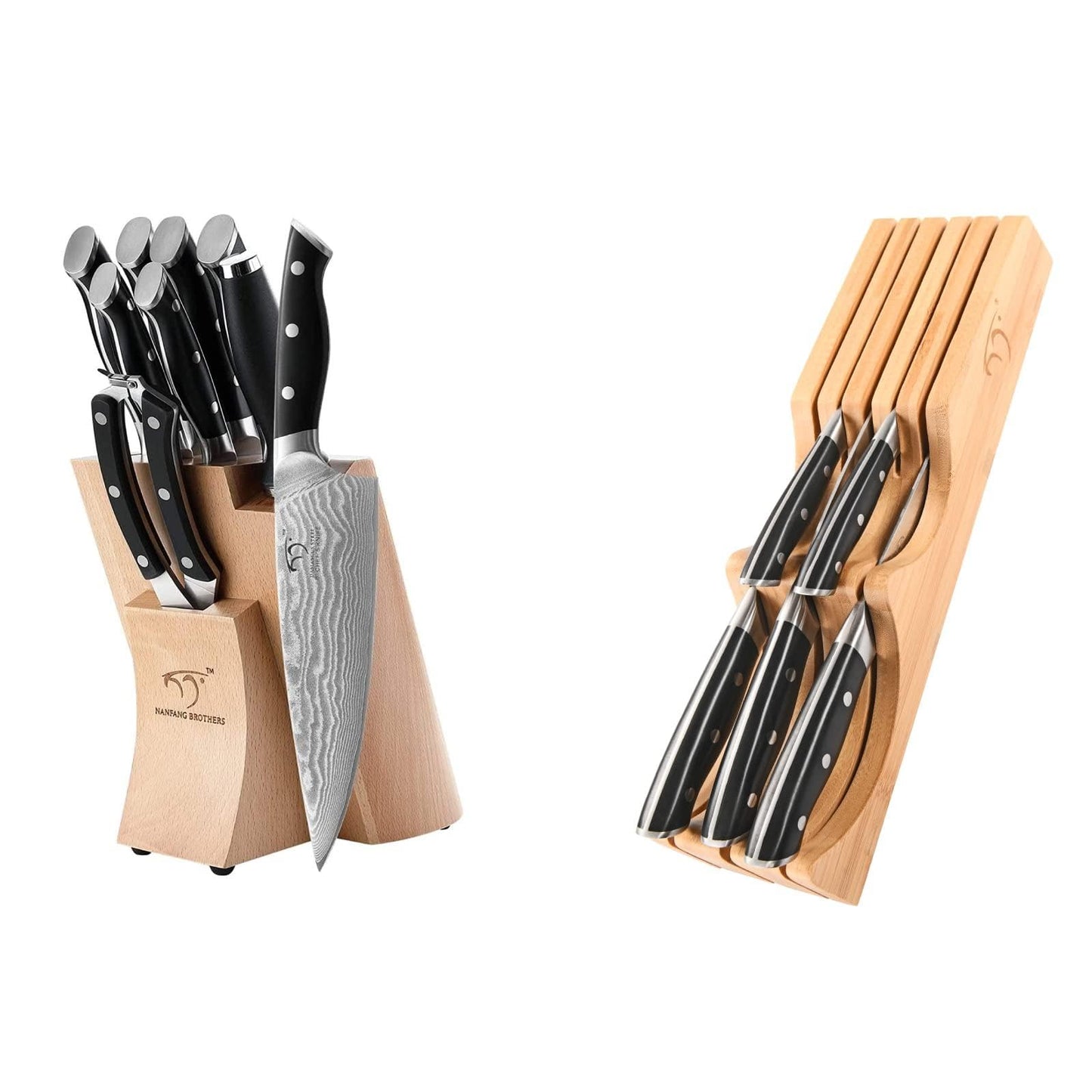 Kitchen Damascus Knife Set, 15 Pieces Kitchen Knife Set with Block, ABS Ergonomic Handle for Chef Knife Set, Knife Sharpener, Kitchen Shears, Natural Wooden Block and Bamboo Drawer Organizer, Gift Box