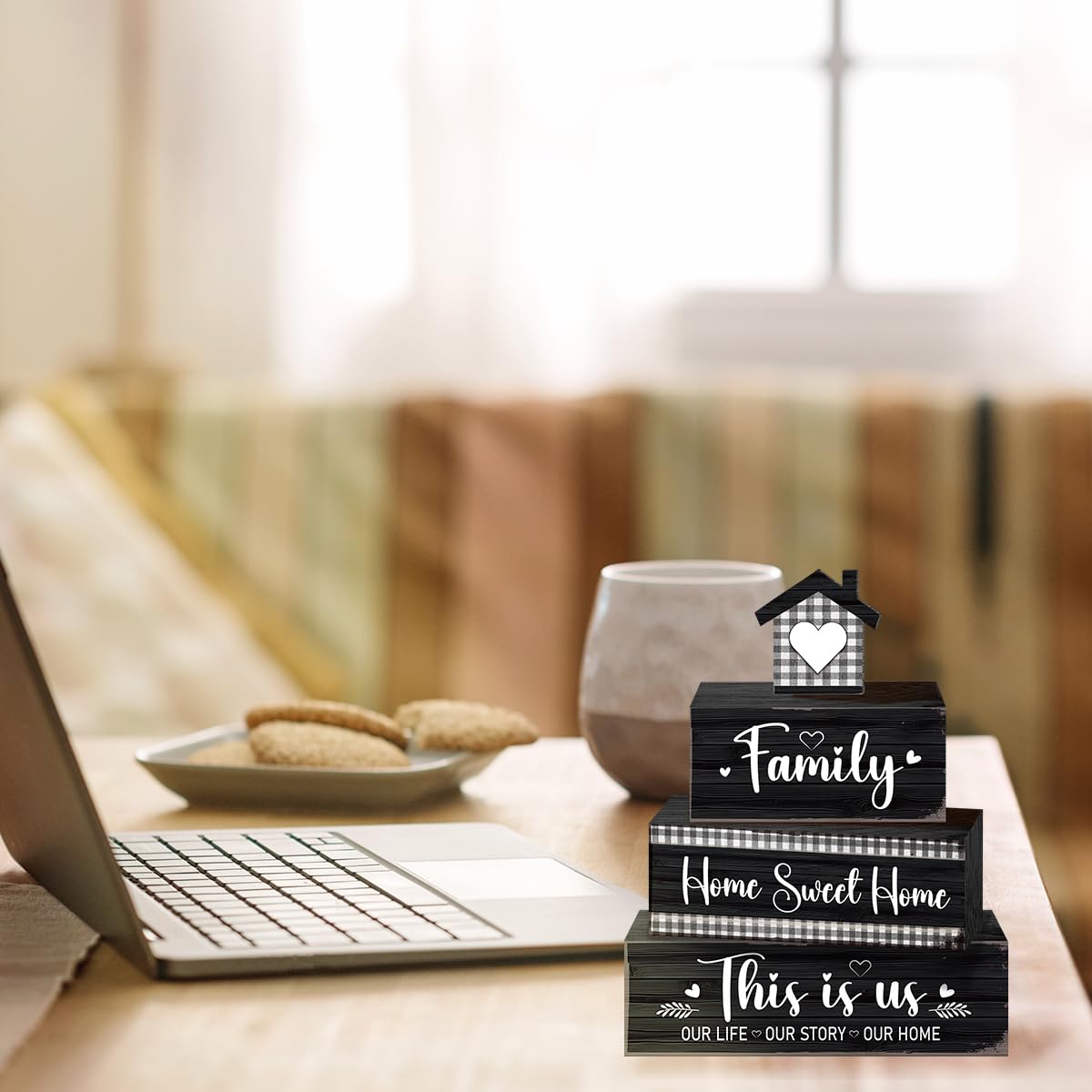 4 Pcs Sweet Home Table Decoration,Our Life Story Home Wooden Block Signs,Farmhouse Table Centerpiece for Living Room Entryway Table Mantel Kitchen Counter Decor