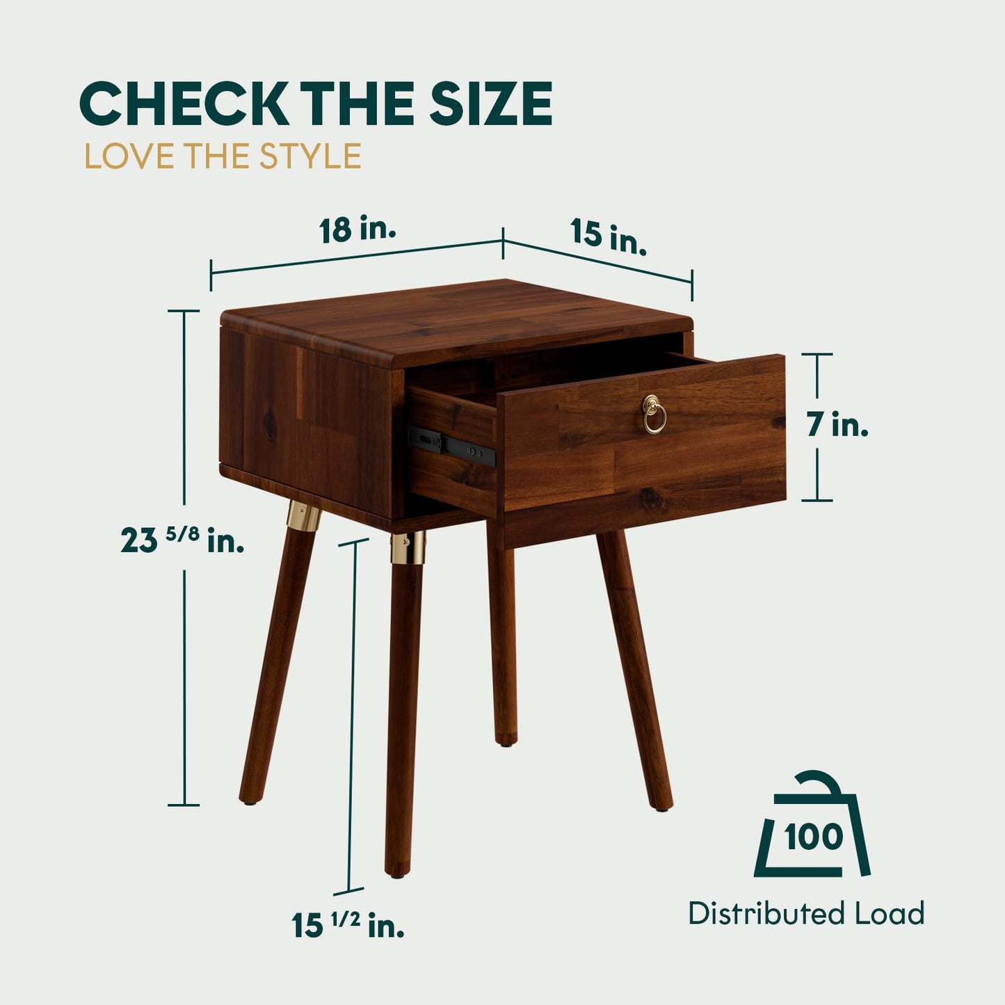 Bme Alden Solid Wood Nightstand/Side Table/End Table, Fully Assembled, with 1-Drawer for Mid Century Bedroom and Living Room, (12mm), Dark Chocolate
