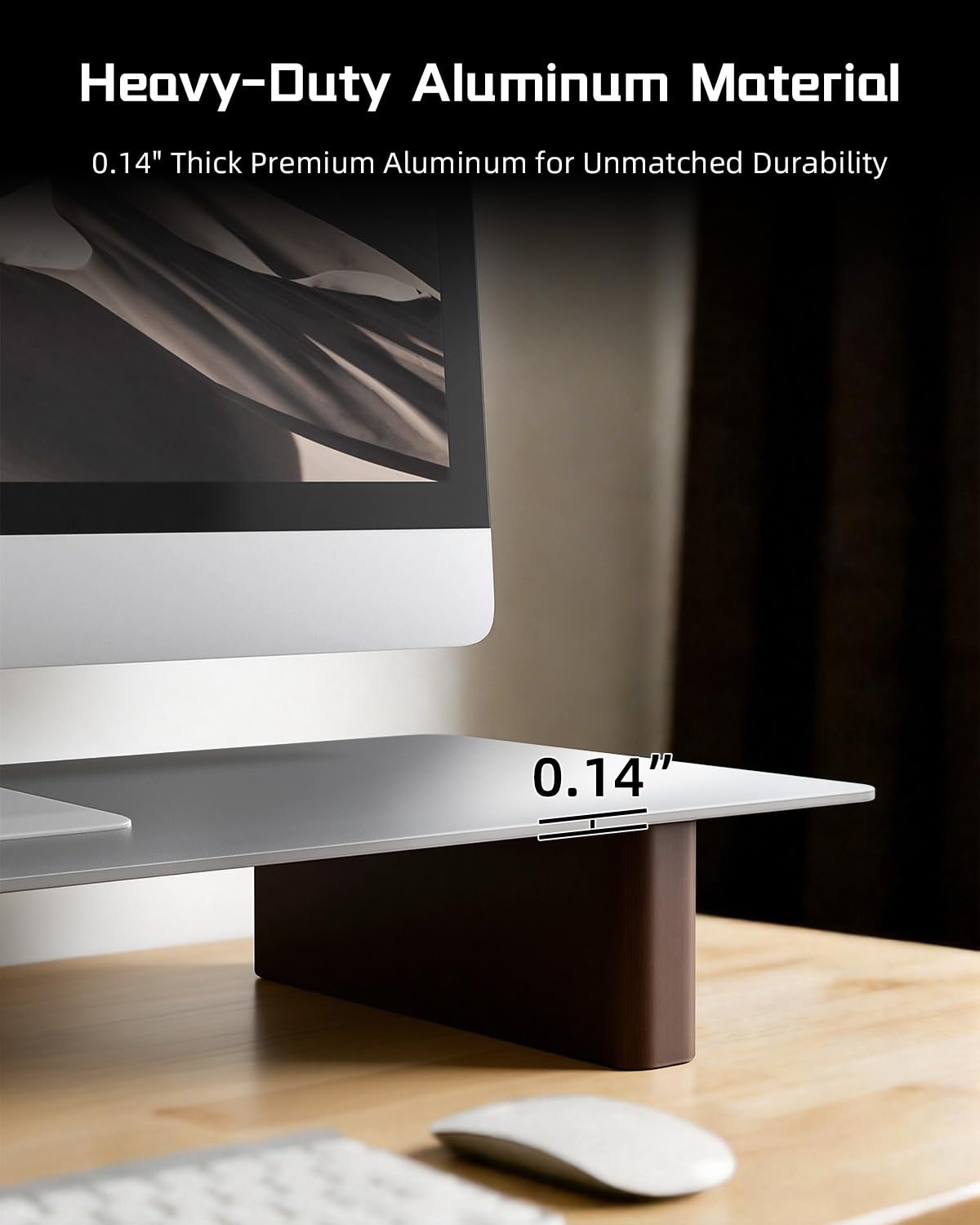 CHENOMiNL Aluminum Dual Monitor Stand Riser, Ergonomic Desktop Shelf with Wooden Legs - 42.5” Wide Heavy Duty Computer Stand for Home Office, Desktop Monitor Riser for PC, iMac, MacBook, Laptop