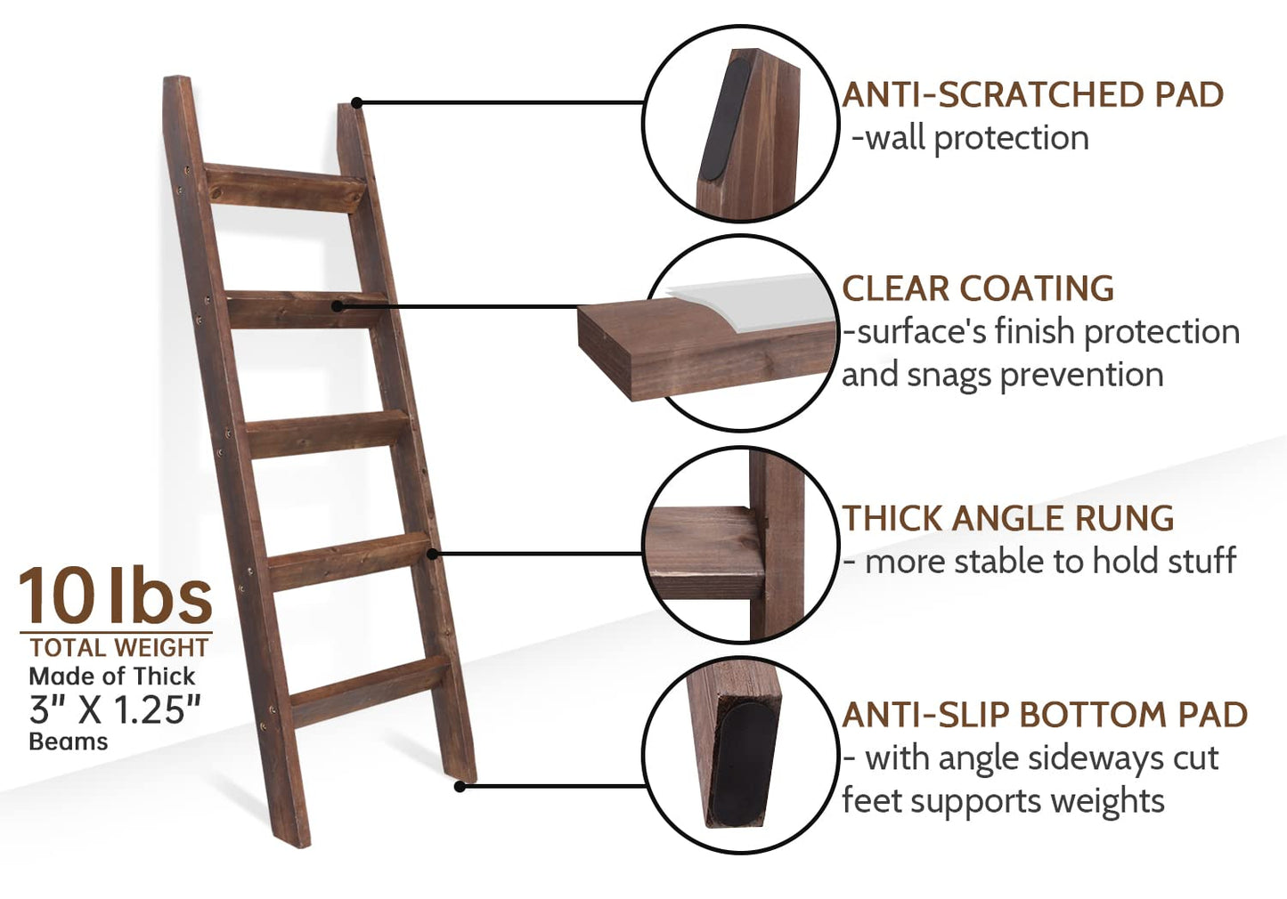 FUIN 5ft (58") Wood Blanket Ladder Living Room Decorative Wall Leaning Farmhouse Quilt Display Holder Rustic Wooden Towel Rack for Bathroom, Brown